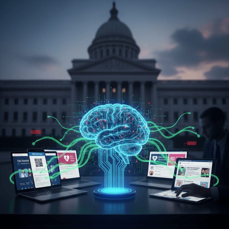 A glowing AI brain connected to laptops and tablets, with a government building in the background.