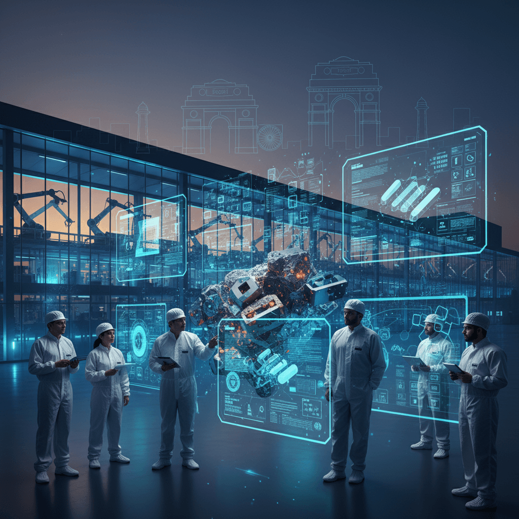 A group of scientists and engineers in cleanroom suits discuss rare earth magnet manufacturing in a modern facility with holographic displays.