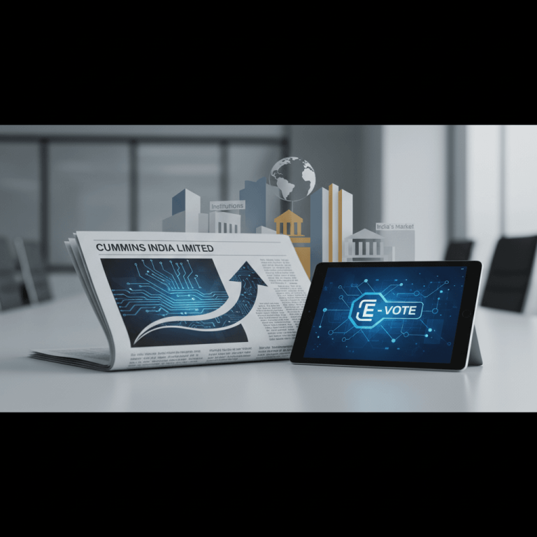 A newspaper with "CUMMINS INDIA LIMITED" headline, a tablet showing "E-VOTE," and institutional icons.