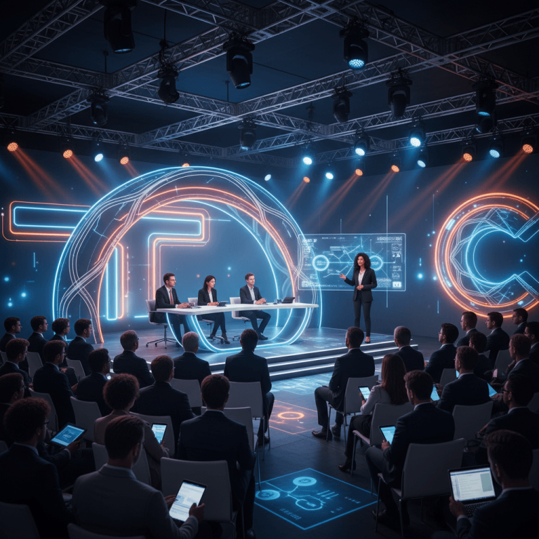 A speaker on stage presenting to an audience at a tech startup event, with neon geometric designs in the background.