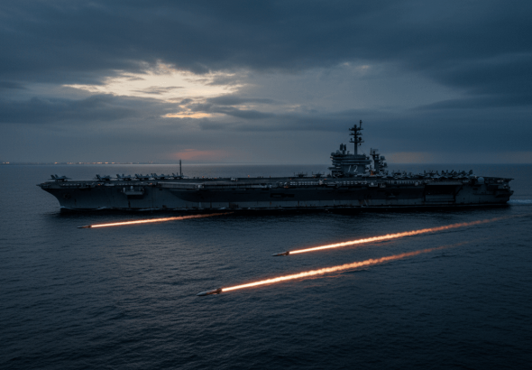 A US Navy aircraft carrier at sea under a dramatic sky, with two glowing missiles streaking towards it.