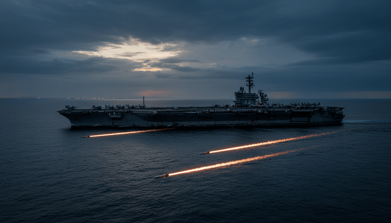 A US Navy aircraft carrier at sea under a dramatic sky, with two glowing missiles streaking towards it.