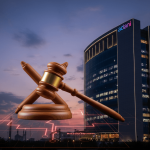 A modern corporate building with "adani" logo, a gavel and sound block, and a red circuit board overlay.