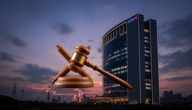 A modern corporate building with "adani" logo, a gavel and sound block, and a red circuit board overlay.