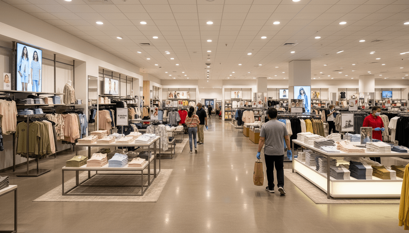 An interior view of a spacious, well-lit department store with clothing displays and shoppers.