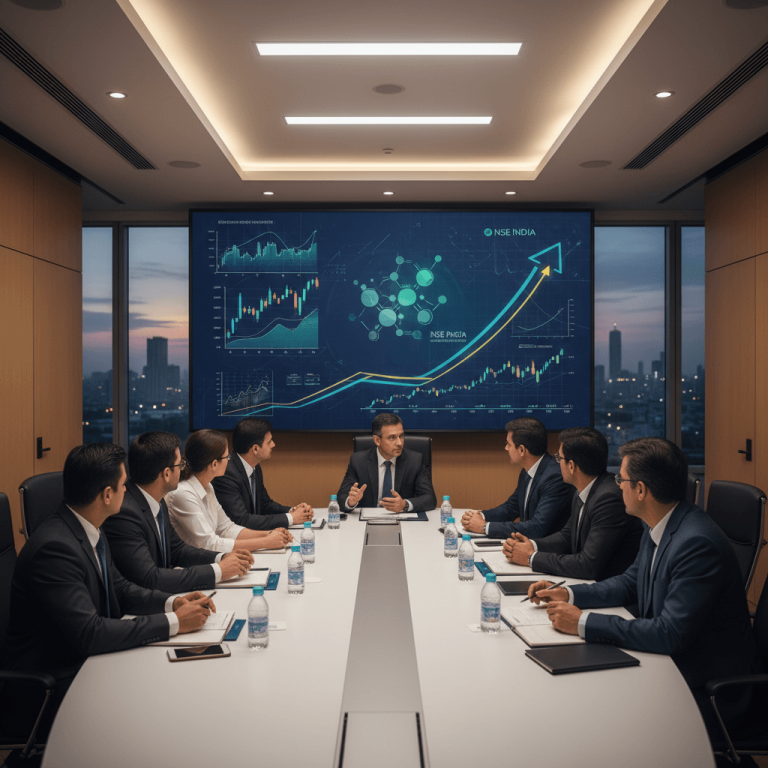 A group of professionals in suits gathered around a conference table with a large screen displaying financial charts and data.