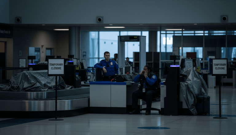 Two TSA agents, one standing and one seated, in a dimly lit airport security area with "Temporary Closure" signs.