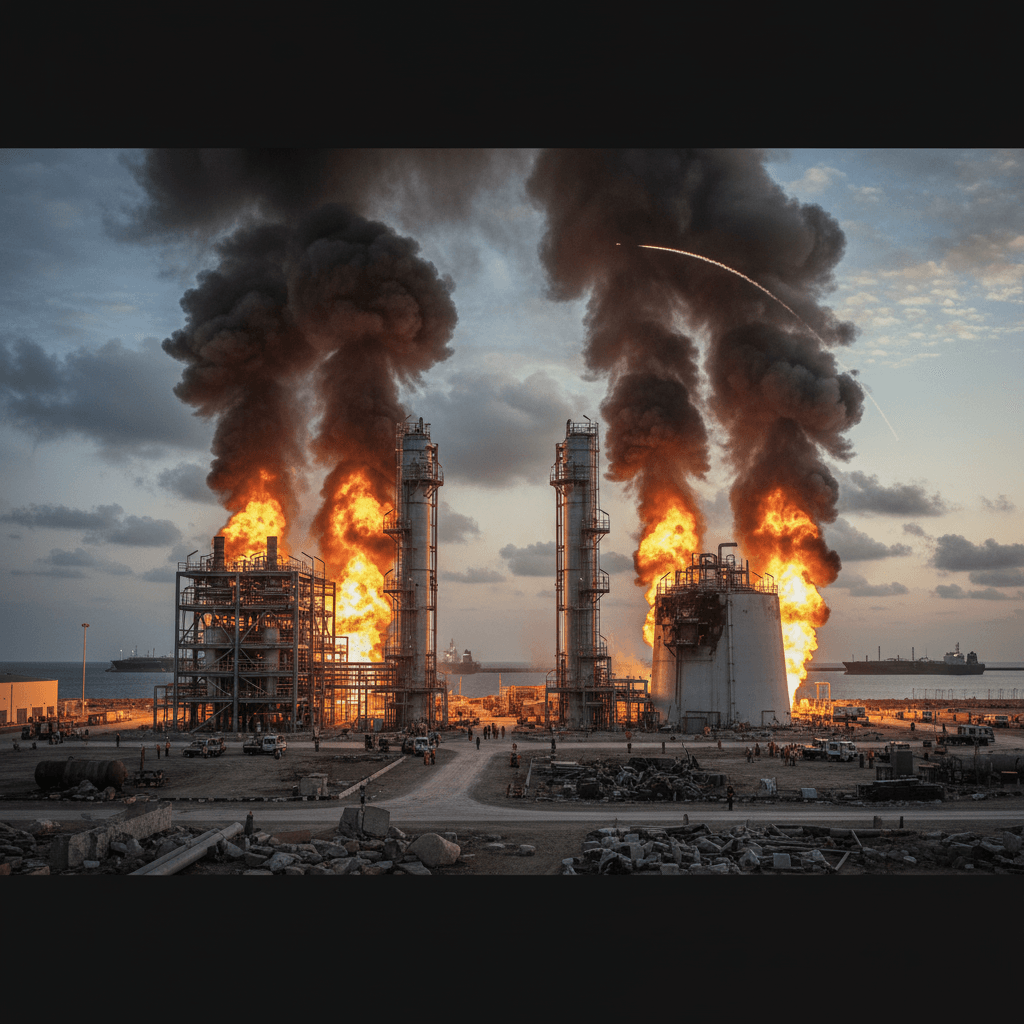 A large industrial LNG facility in Qatar engulfed in flames and thick black smoke against a twilight sky.