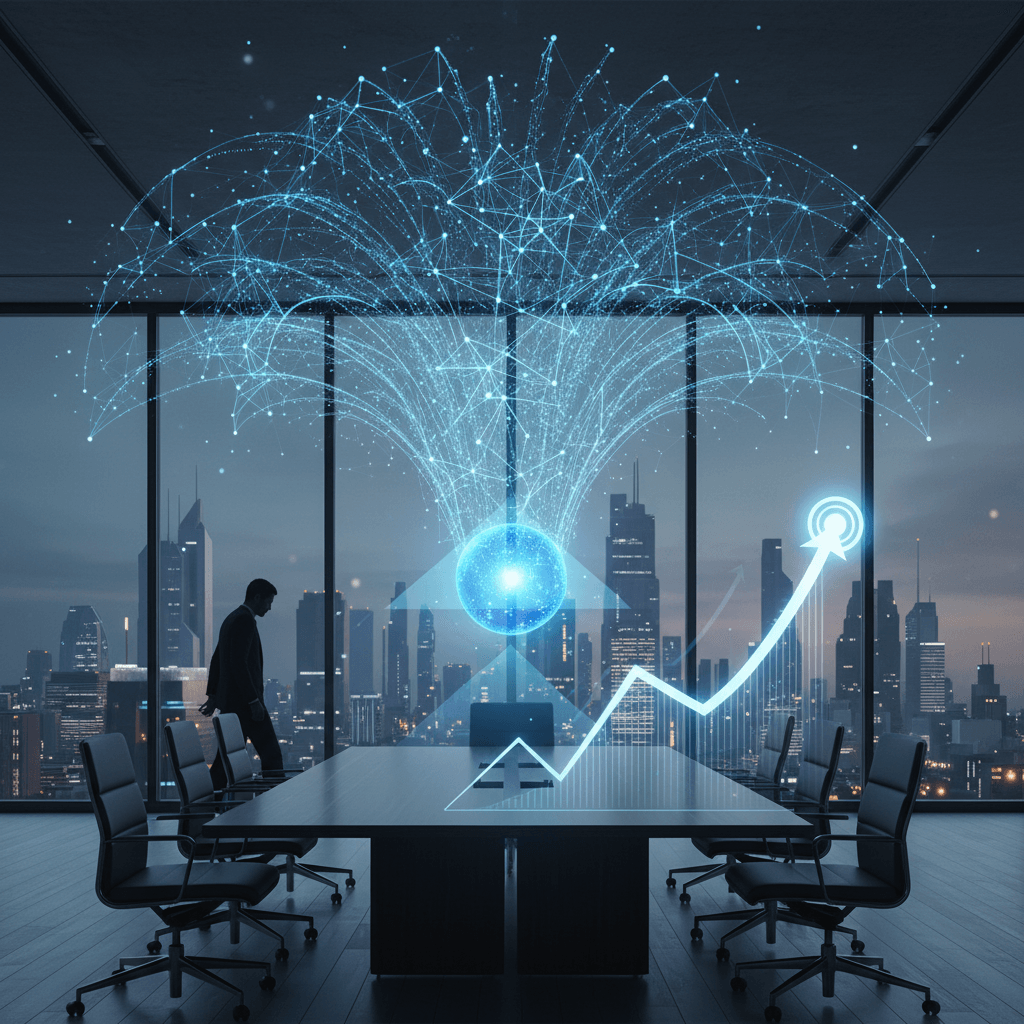 A professional conference room at dusk with a cityscape view, featuring a man leaving, and glowing network graphics.