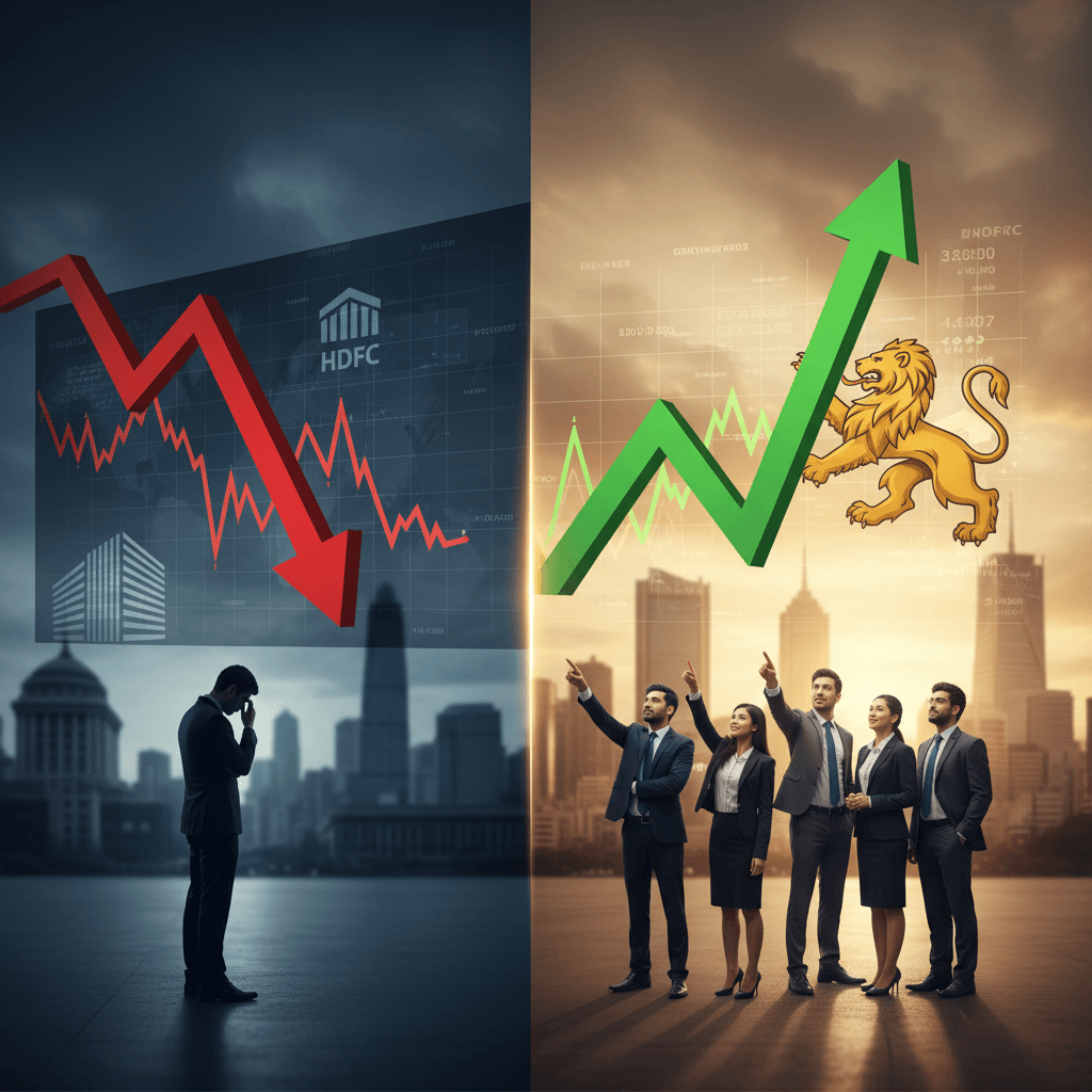 A split image showing a downturn on the left with a distressed man and an upturn on the right with optimistic business people.