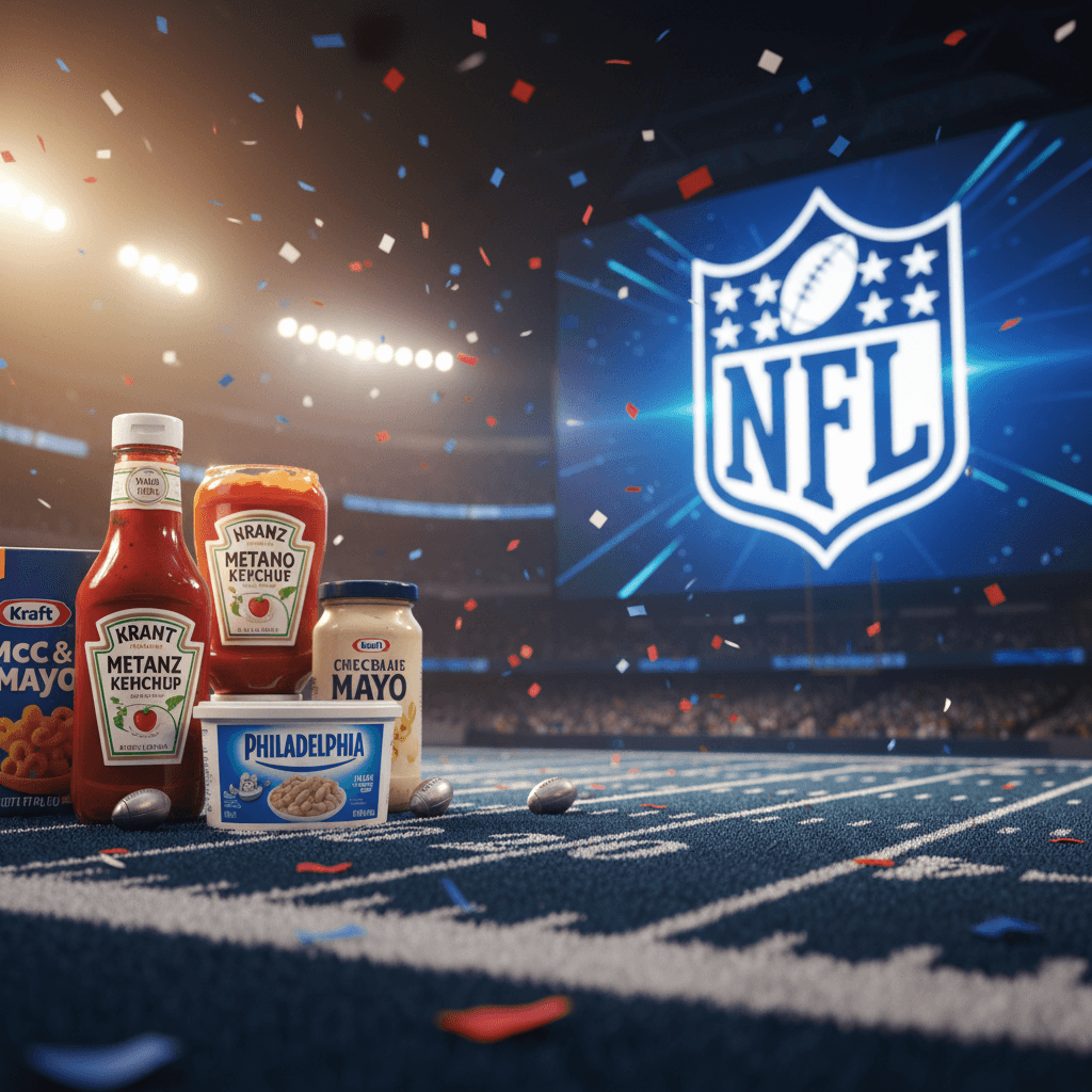 A vibrant image of Kraft Heinz products on a football field with an NFL logo on a large screen.