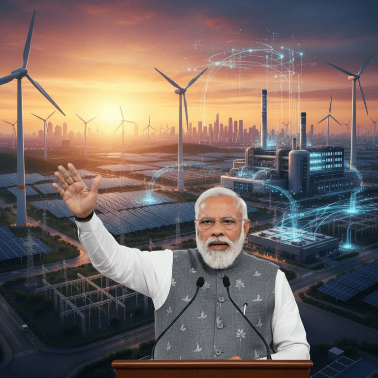 PM Modi speaking at a podium with a backdrop of a modern energy landscape featuring solar panels, wind turbines, and power plants.