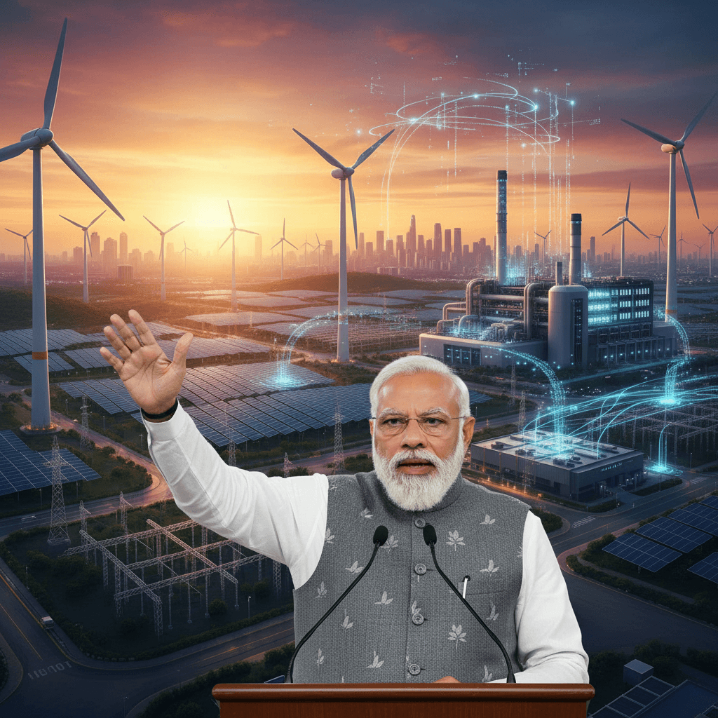 PM Modi speaking at a podium with a backdrop of a modern energy landscape featuring solar panels, wind turbines, and power plants.