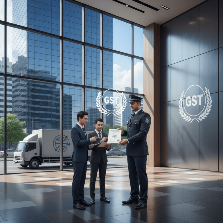 Two businessmen receiving a document from a GST authority officer in a modern corporate lobby.