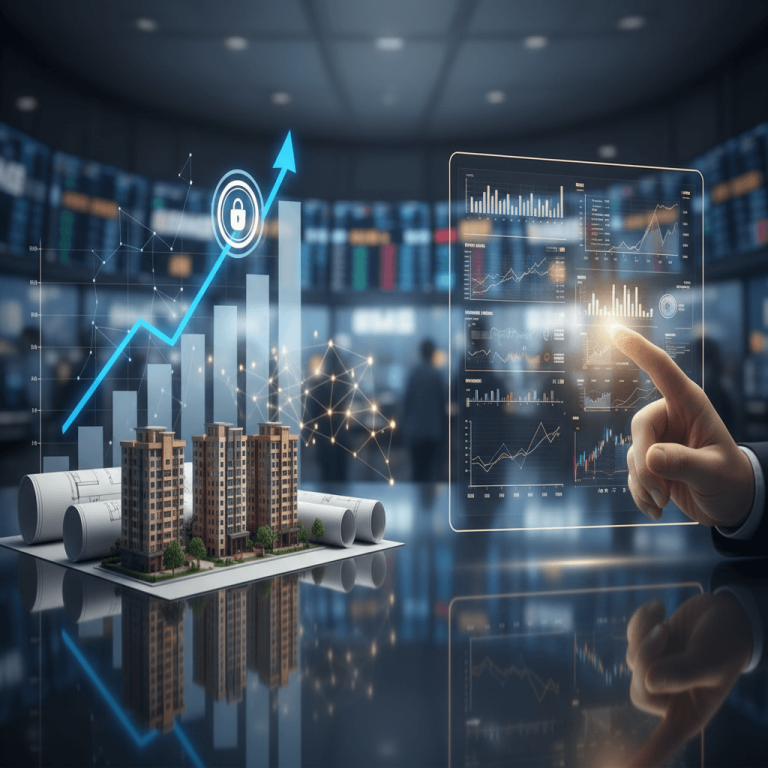 A hand interacts with a holographic financial dashboard, showing charts and graphs, with real estate models and blueprints.