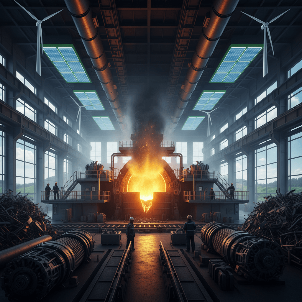 An electric arc furnace facility with molten steel, surrounded by scrap metal, solar panels, and wind turbines.