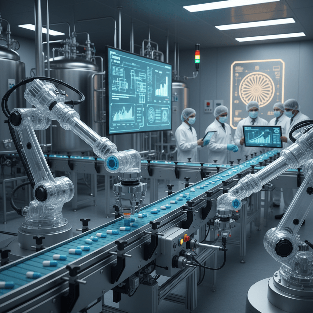 Robotic arms and a conveyor belt with pills in a modern pharmaceutical factory, with scientists in the background.