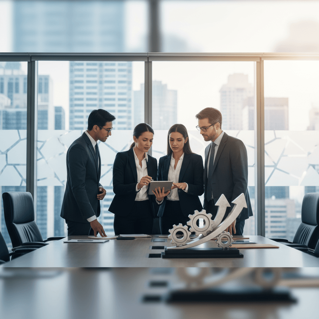 A diverse business team in suits discussing around a conference table with city views and growth-themed decor.