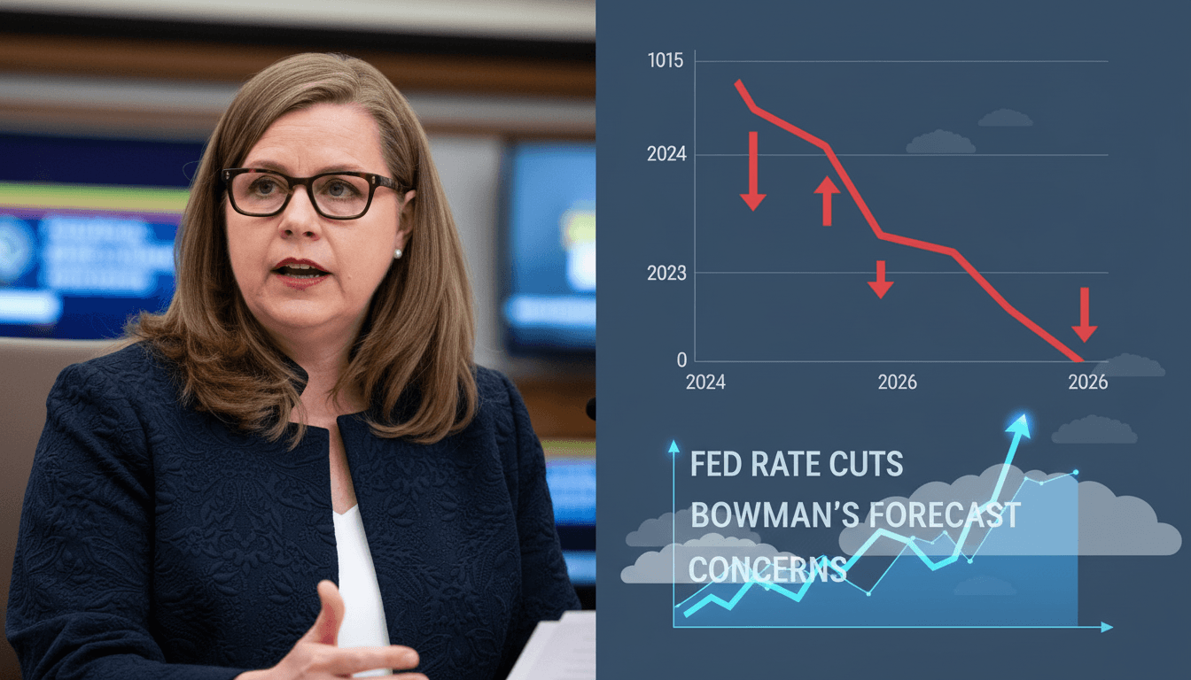 Michelle Bowman speaking, with an overlay graph showing projected interest rate cuts and economic trends.