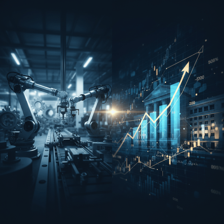 Robotic arms in a factory with an overlay of a glowing financial graph and a stock exchange building.