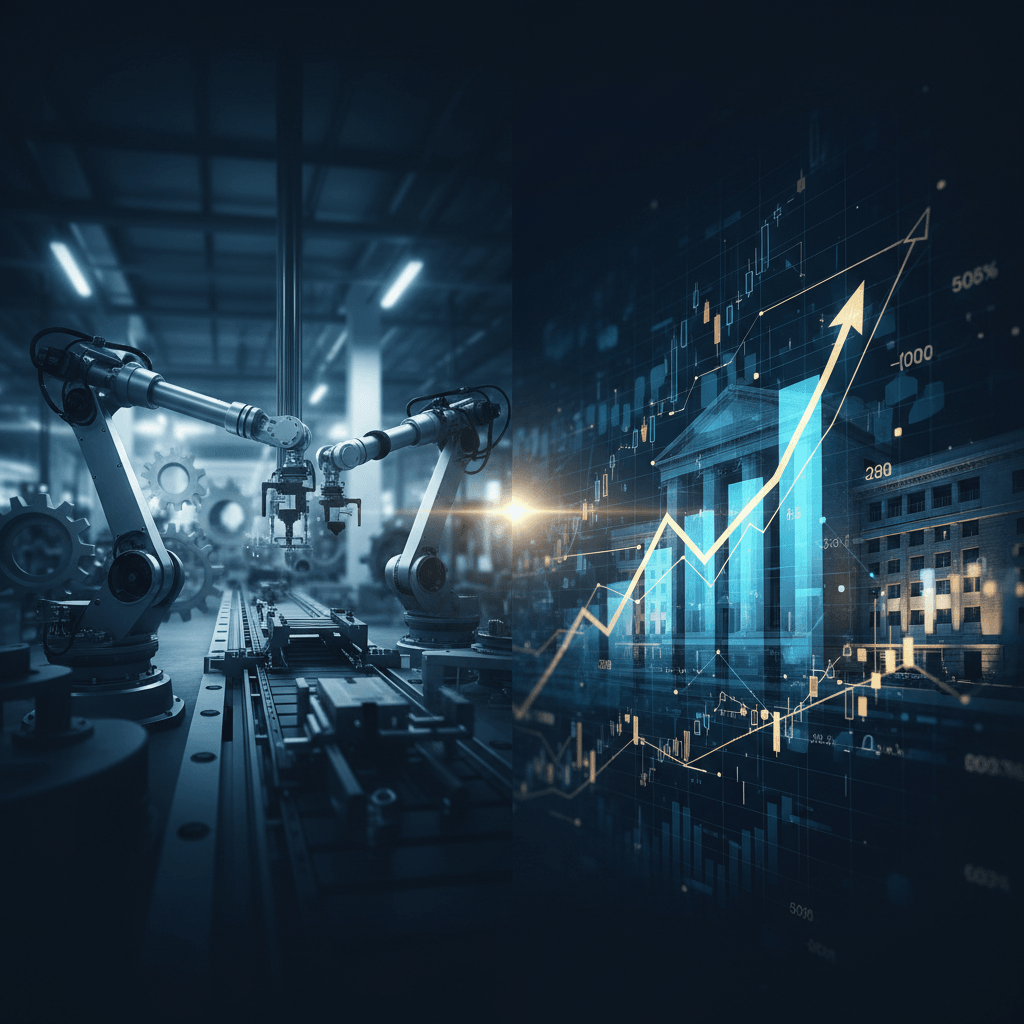 Robotic arms in a factory with an overlay of a glowing financial graph and a stock exchange building.