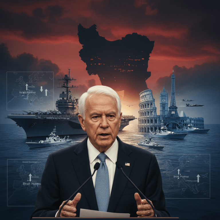 Newt Gingrich speaking, with a backdrop of naval ships, European landmarks, and a map of Iran.