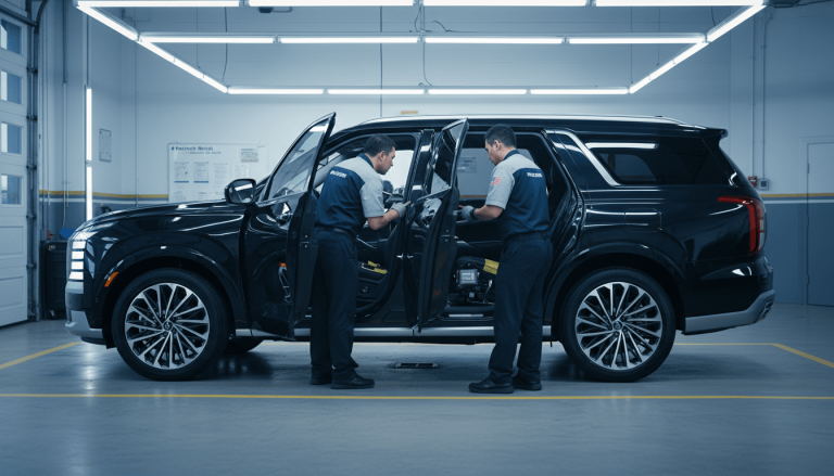 Two mechanics in uniform meticulously inspect the interior of a black Hyundai Palisade SUV in a well-lit service garage.