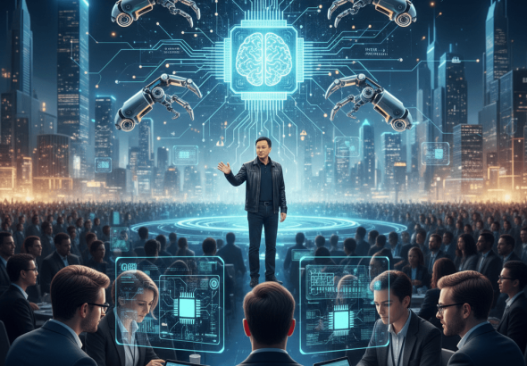 Jensen Huang on stage, surrounded by futuristic AI graphics, addressing a large audience of tech professionals.