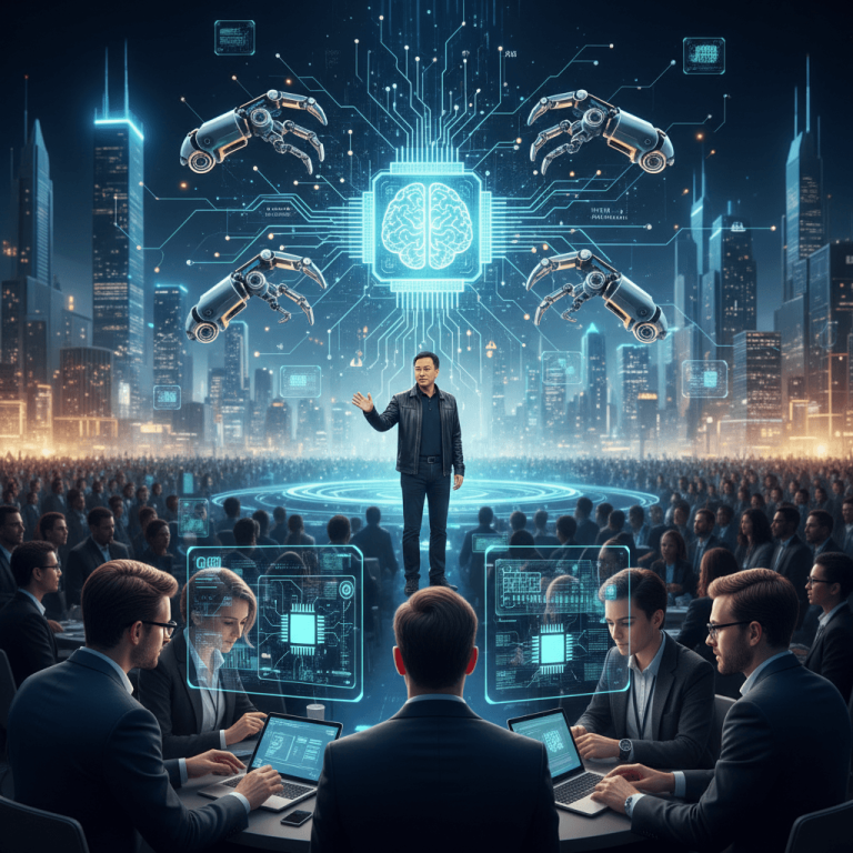 Jensen Huang on stage, surrounded by futuristic AI graphics, addressing a large audience of tech professionals.