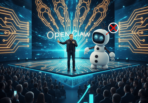 Jensen Huang presenting on a futuristic stage with a robot beside him, symbolizing AI and robotics, before an audience.