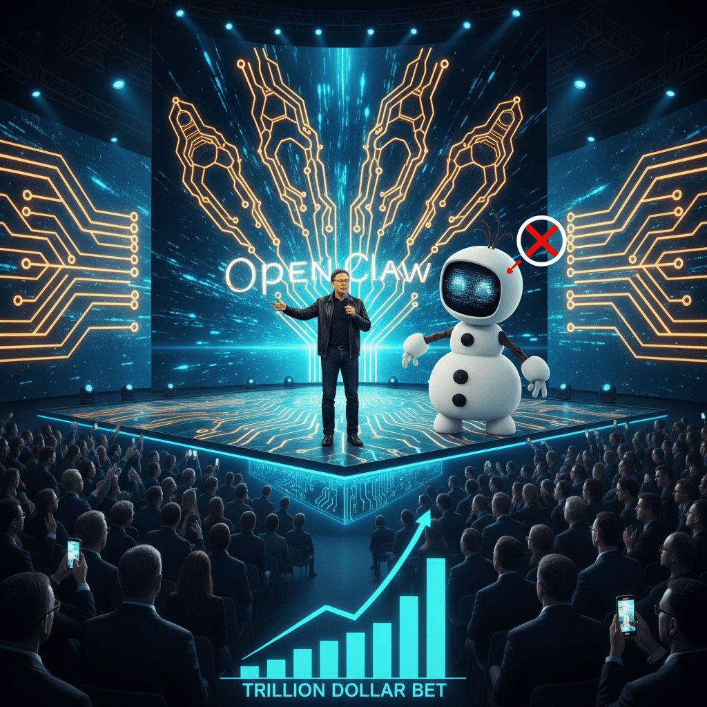 Jensen Huang presenting on a futuristic stage with a robot beside him, symbolizing AI and robotics, before an audience.