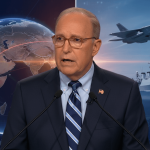 Larry Kudlow speaking at a podium with a global map showing Iran and military assets in the background.