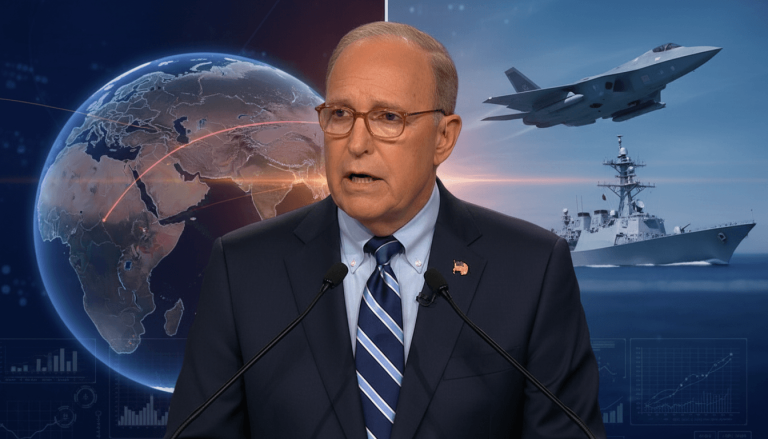 Larry Kudlow speaking at a podium with a global map showing Iran and military assets in the background.