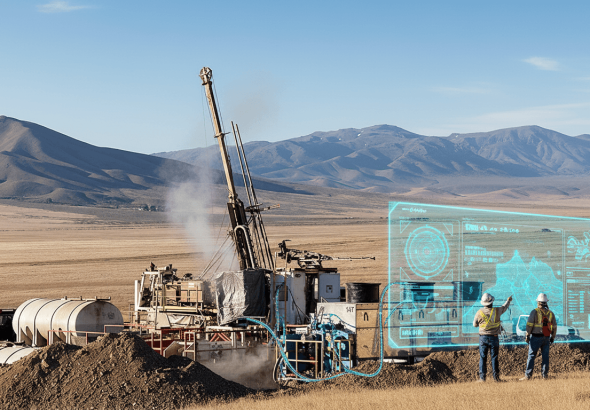 Geothermal drilling rig in a dry, mountainous U.S. landscape with engineers interacting with a holographic AI interface.
