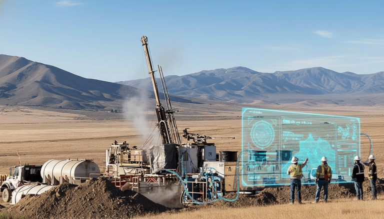 Geothermal drilling rig in a dry, mountainous U.S. landscape with engineers interacting with a holographic AI interface.