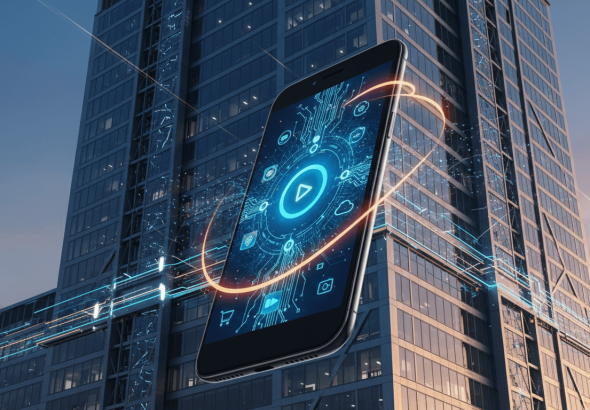 A sleek smartphone with a glowing AI interface floats before a modern skyscraper, symbolizing Amazon's tech ambition.