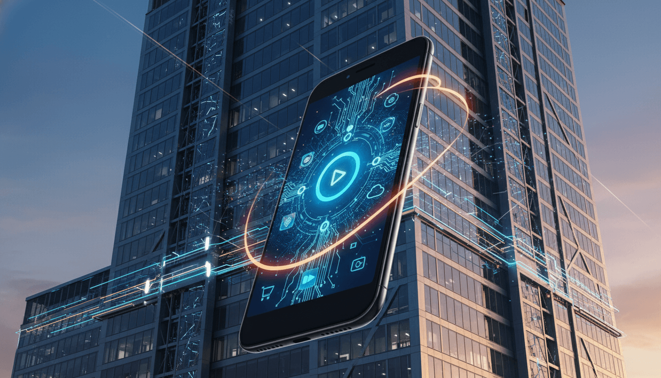 A sleek smartphone with a glowing AI interface floats before a modern skyscraper, symbolizing Amazon's tech ambition.