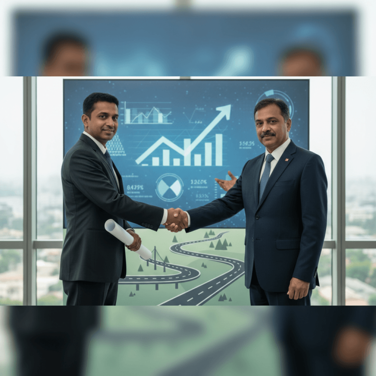 Two professionals in suits shaking hands in an office with a digital display showing road infrastructure and growth charts.