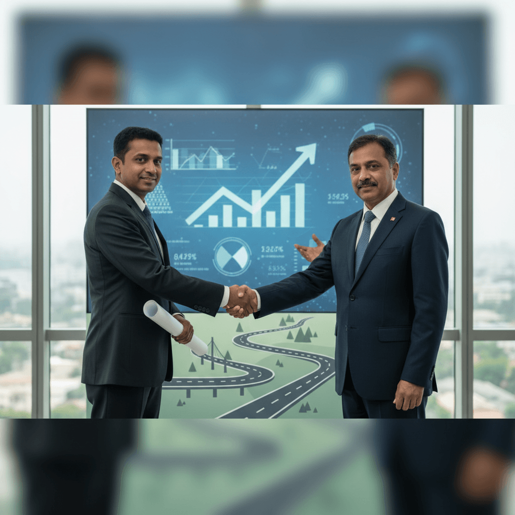 Two professionals in suits shaking hands in an office with a digital display showing road infrastructure and growth charts.