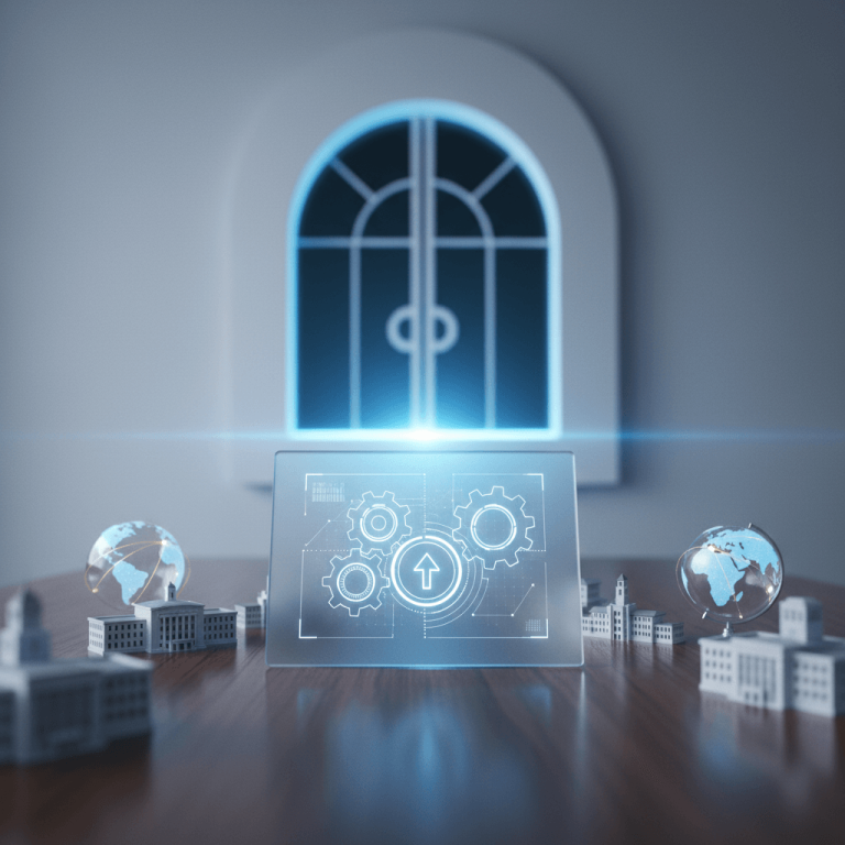 A digital display with gears and an arrow, flanked by miniature buildings and globes, symbolizing a trading window closure.