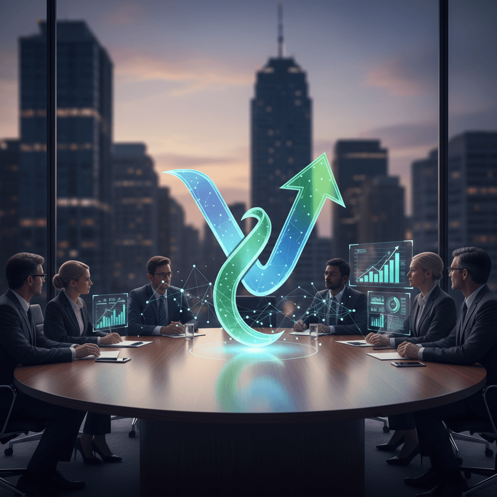 A group of business professionals in a modern boardroom discussing merger plans, with holographic financial charts and growth arrows.