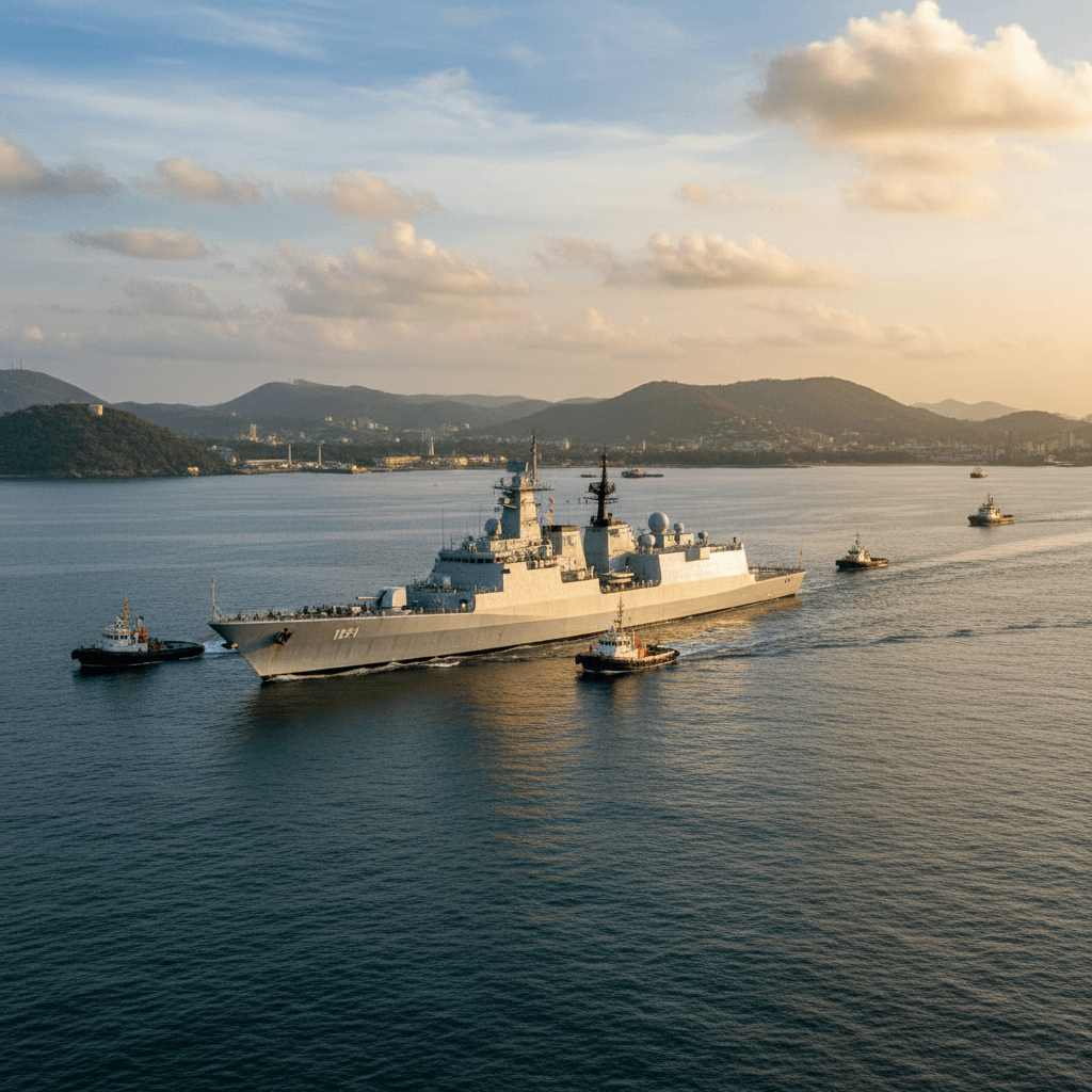 A modern stealth frigate, accompanied by several tugboats, sailing on calm waters under a dramatic sky at sunset.