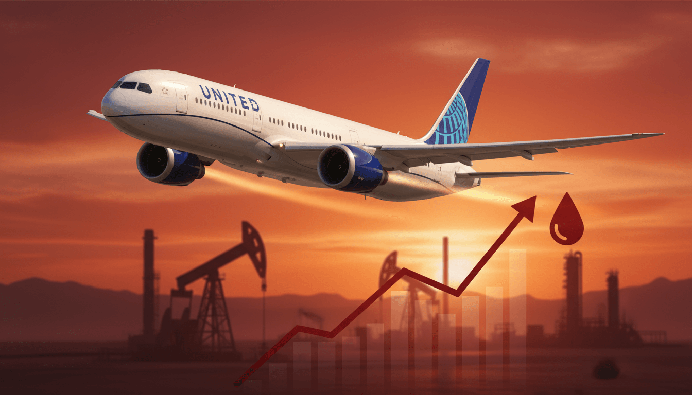 A United Airlines plane flies above oil pumpjacks and refineries at sunset, with an upward trending graph and a blood drop icon.