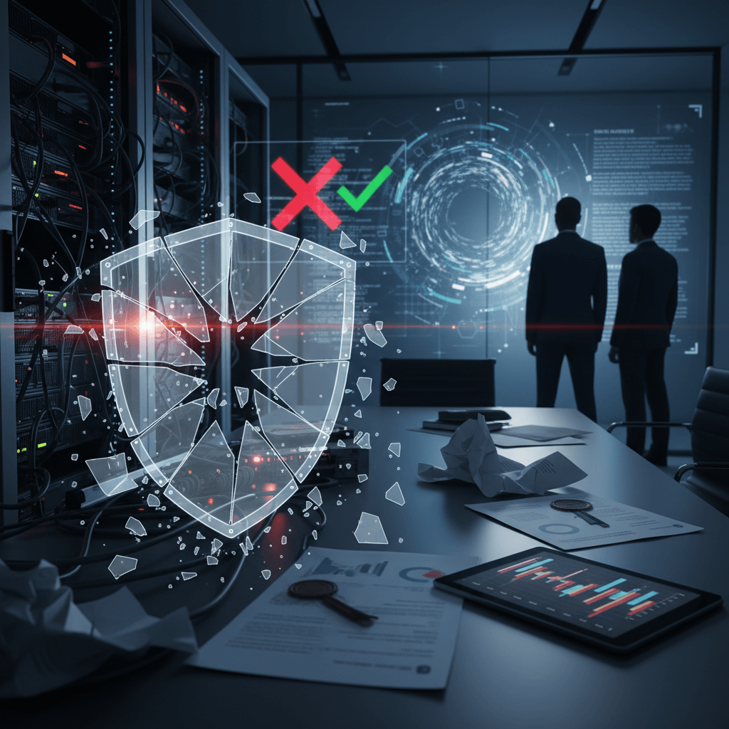 A shattered digital shield in a server room, with two silhouettes observing a data display.