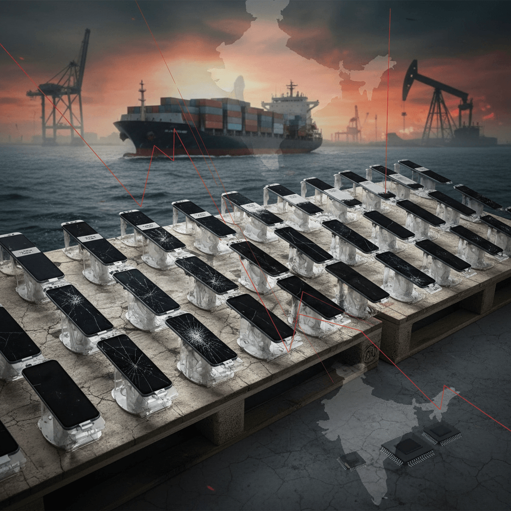 Smartphones with cracked screens on wooden pallets, with a cargo ship, oil derricks, and India map in background.