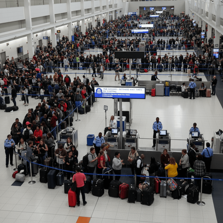Overhead view of a crowded airport security checkpoint with many travelers waiting in long lines and TSA agents working.