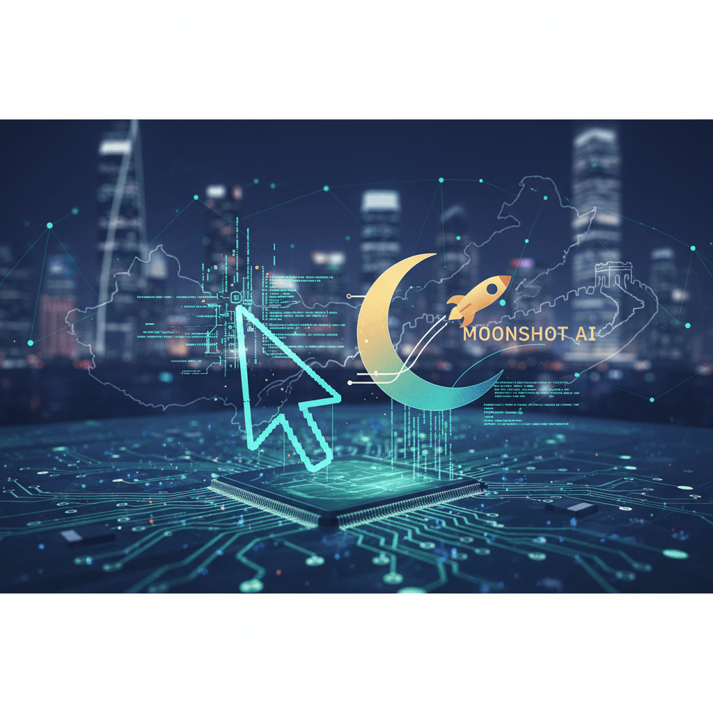 A digital circuit board with a glowing cursor pointing to a chip, a crescent moon with a rocket, and an outline of China.