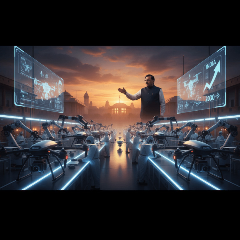 Rajnath Singh overlooking a futuristic drone manufacturing facility with robotic arms and workers, with "INDIA 2030" on a display.
