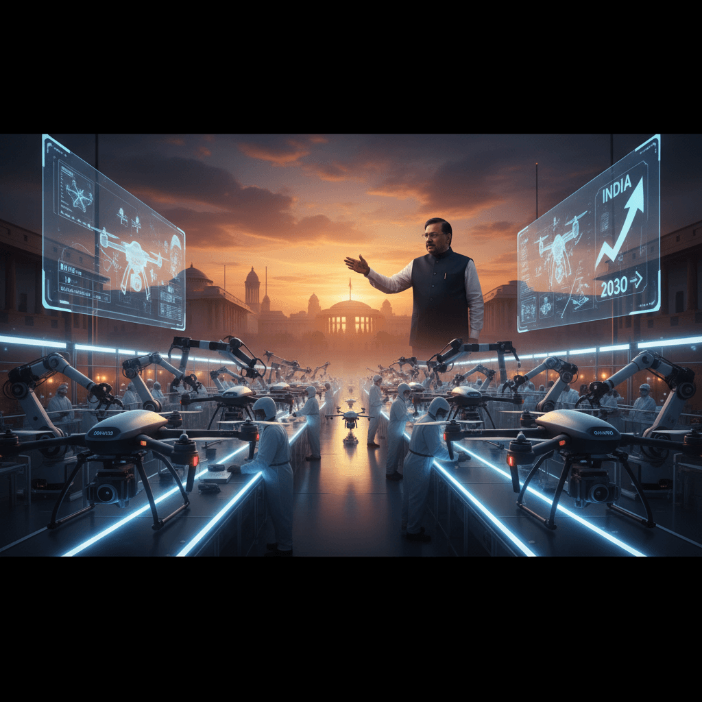 Rajnath Singh overlooking a futuristic drone manufacturing facility with robotic arms and workers, with "INDIA 2030" on a display.