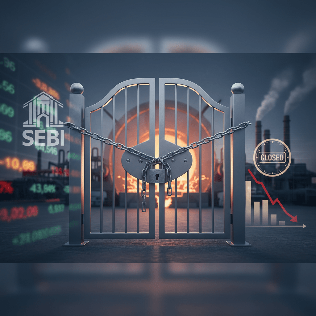 A metal gate secured with a chain and padlock in front of a factory, with a subtle stock market background.